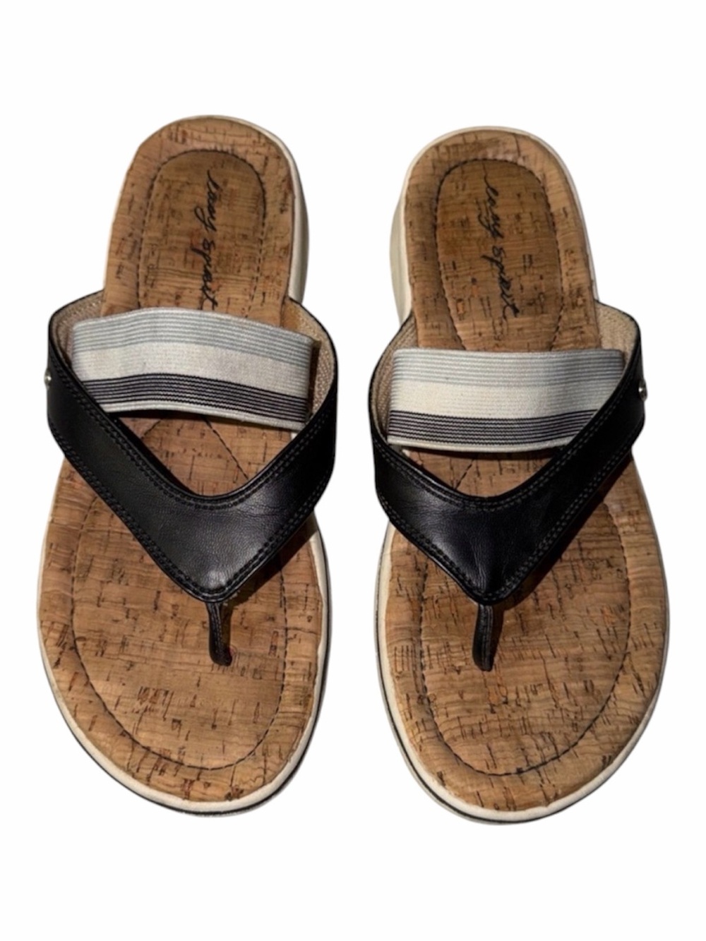 Easy Spirit Black Cork-Style Thong Sandals with Striped Elastic